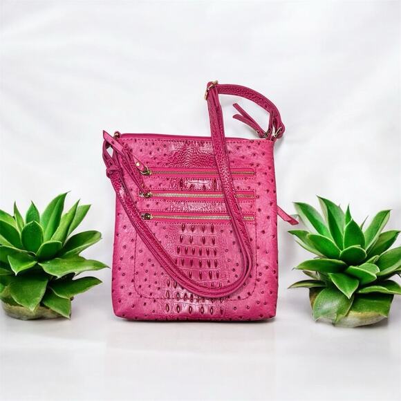 Ostrich Embossed Messenger Bag With Multi Front-Zipped Crossbody Pink - Picture 1 of 9